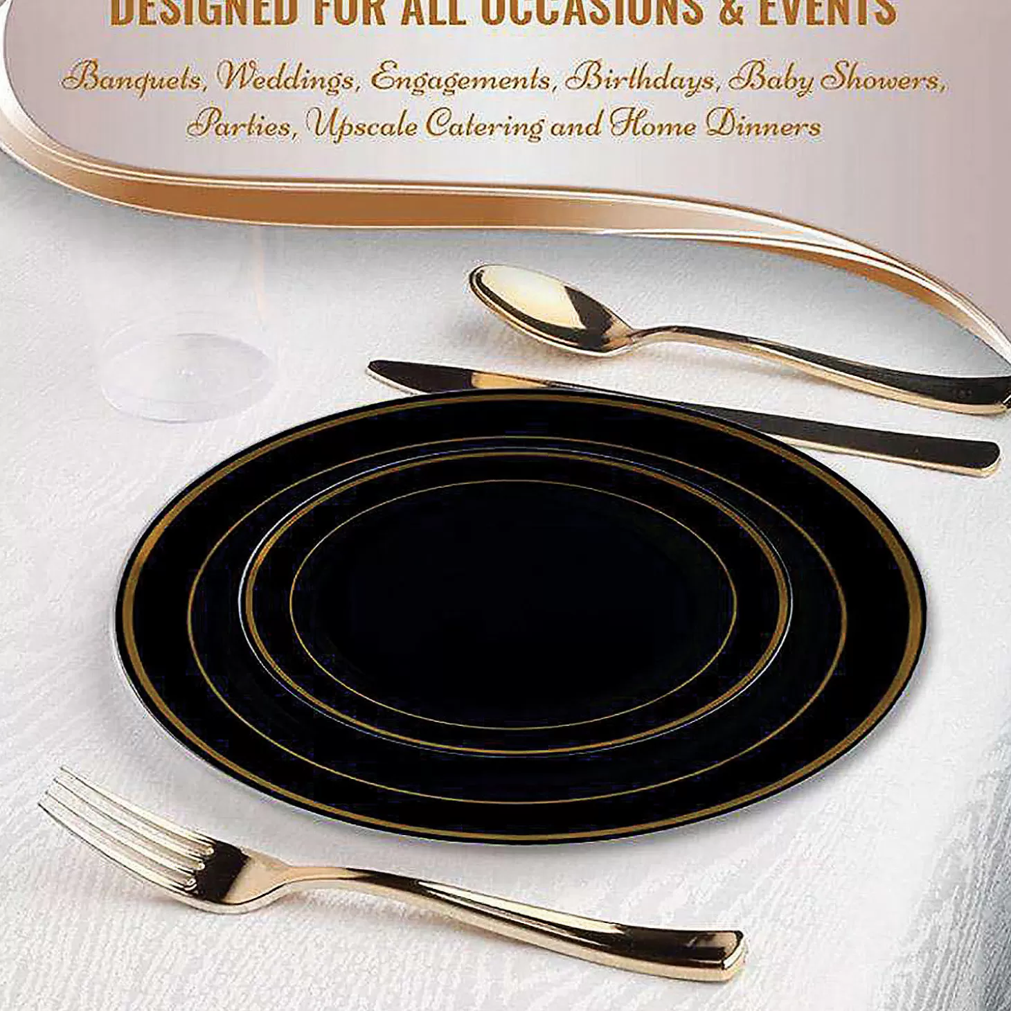 Shop 10.25" Black With Gold Edge Rim Plastic Dinner Plates (50 Plates) Bulk Halloween Supplies