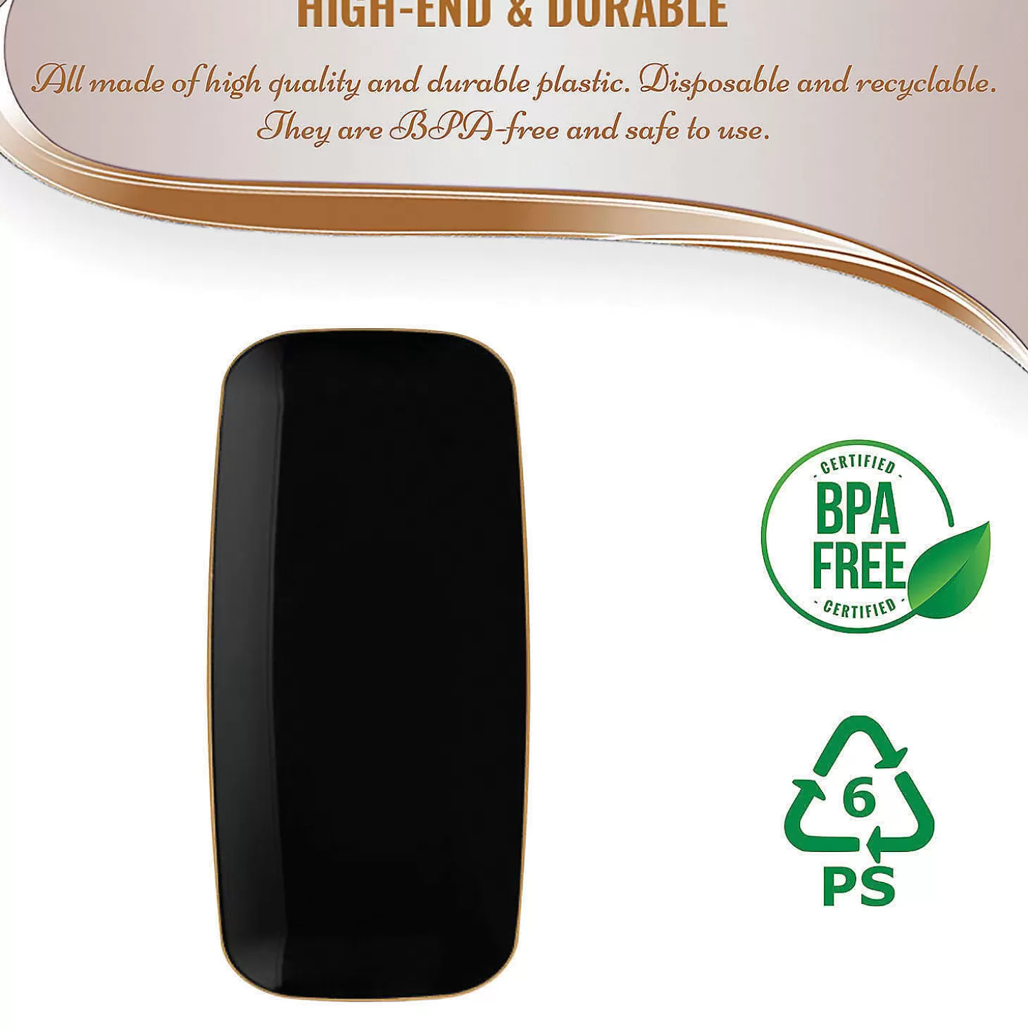Store 10.6" X 5" Black With Gold Rim Flat Raised Edge Rectangular Disposable Plastic Plates (50 Plates) Bulk Halloween Supplies