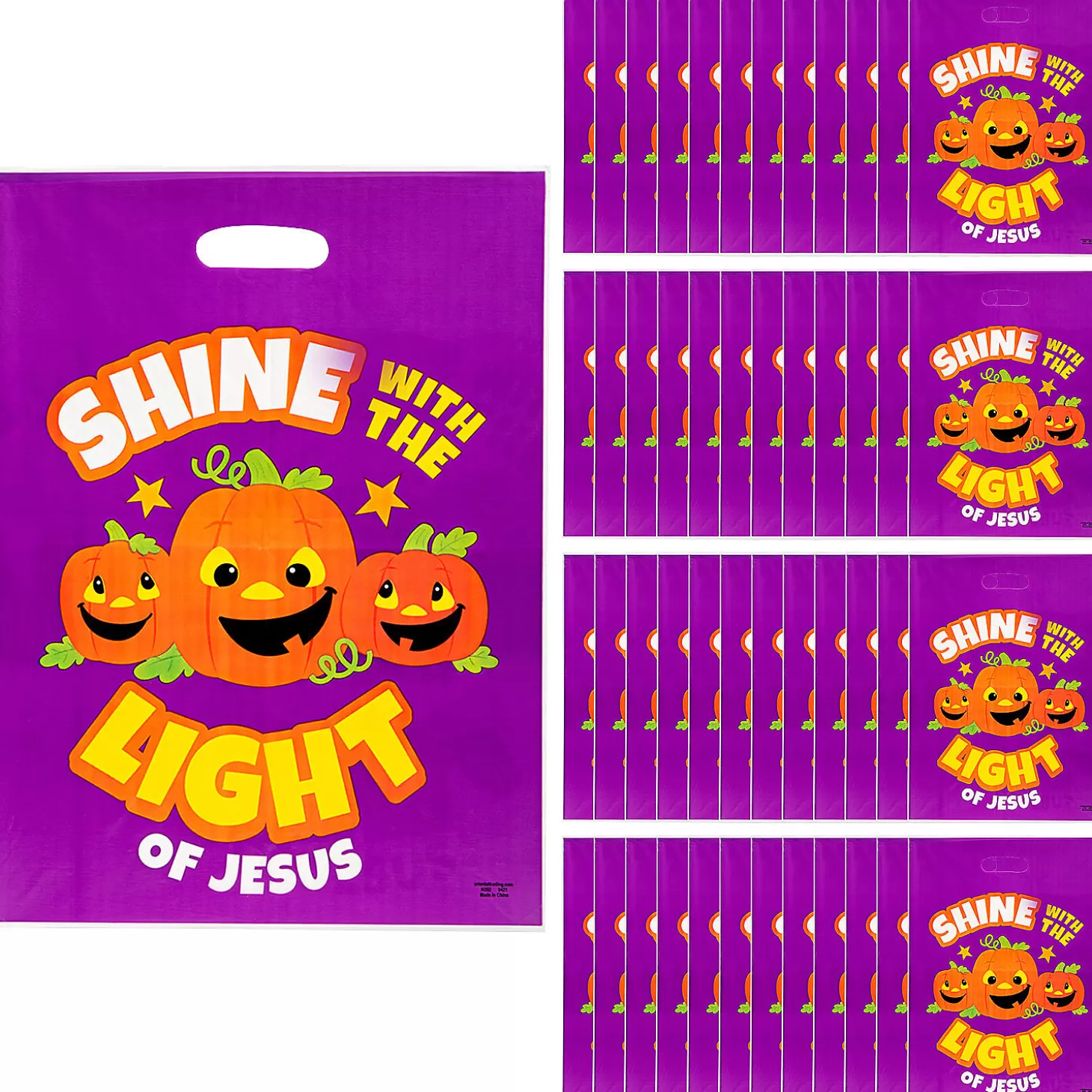 Sale 12 1/2" X 17" Bulk 50 Pc. Christian Pumpkin Trick-Or-Treat Plastic Goody Bags Bulk Halloween Supplies