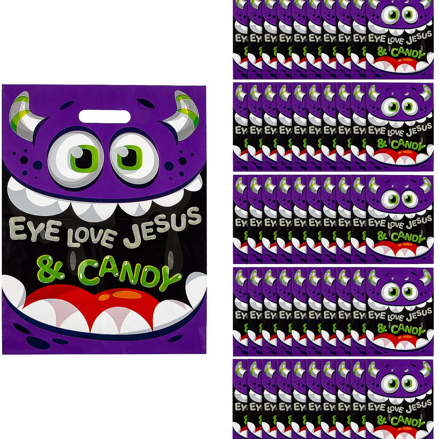New 12 1/2" X 17" Bulk 50 Pc. Religious Monster Eye Love Jesus & Candy Plastic Goody Bags Religious Halloween