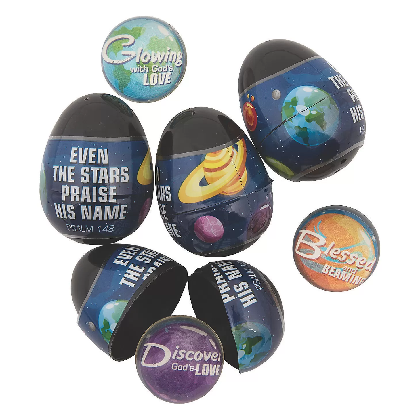 New 2 1/4" God's Galaxy Bouncy Ball-Filled Plastic Easter Eggs - 12 Pc. Religious Halloween