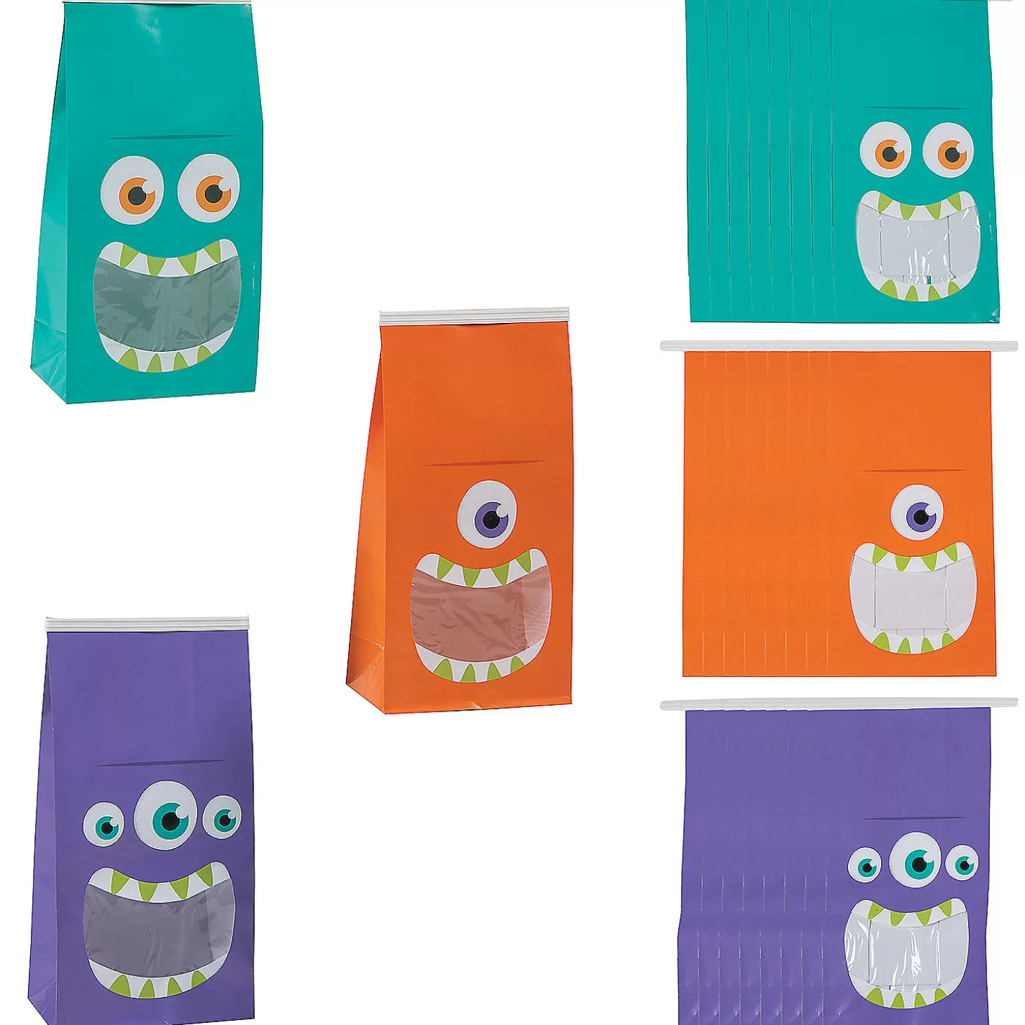 Clearance 4 1/2" X 9" Halloween Tin Tie Treat Bags With Monster Mouth Window - 24 Pc. Halloween Bags
