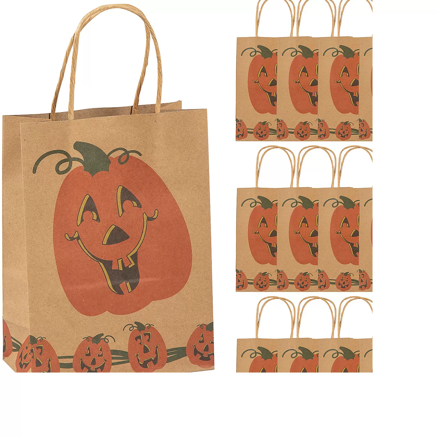 Sale 6 1/2" X 3 1/4" X 9" Medium Brown Jack-O'-Lantern Paper Gift Bags - 12 Pc. Halloween Bags