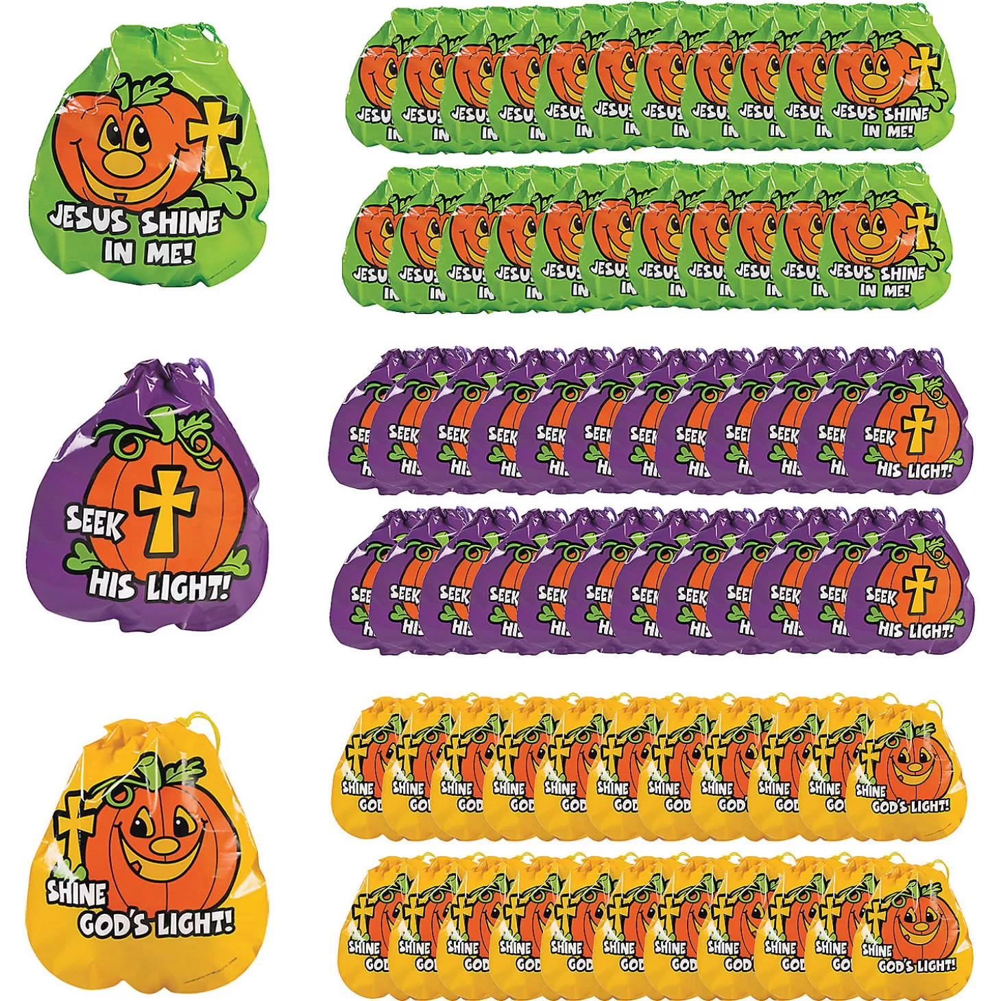 New 7" X 8 1/2" Bulk 72 Pc. Plastic Christian Pumpkin Drawstring Goody Bags Boo Bags