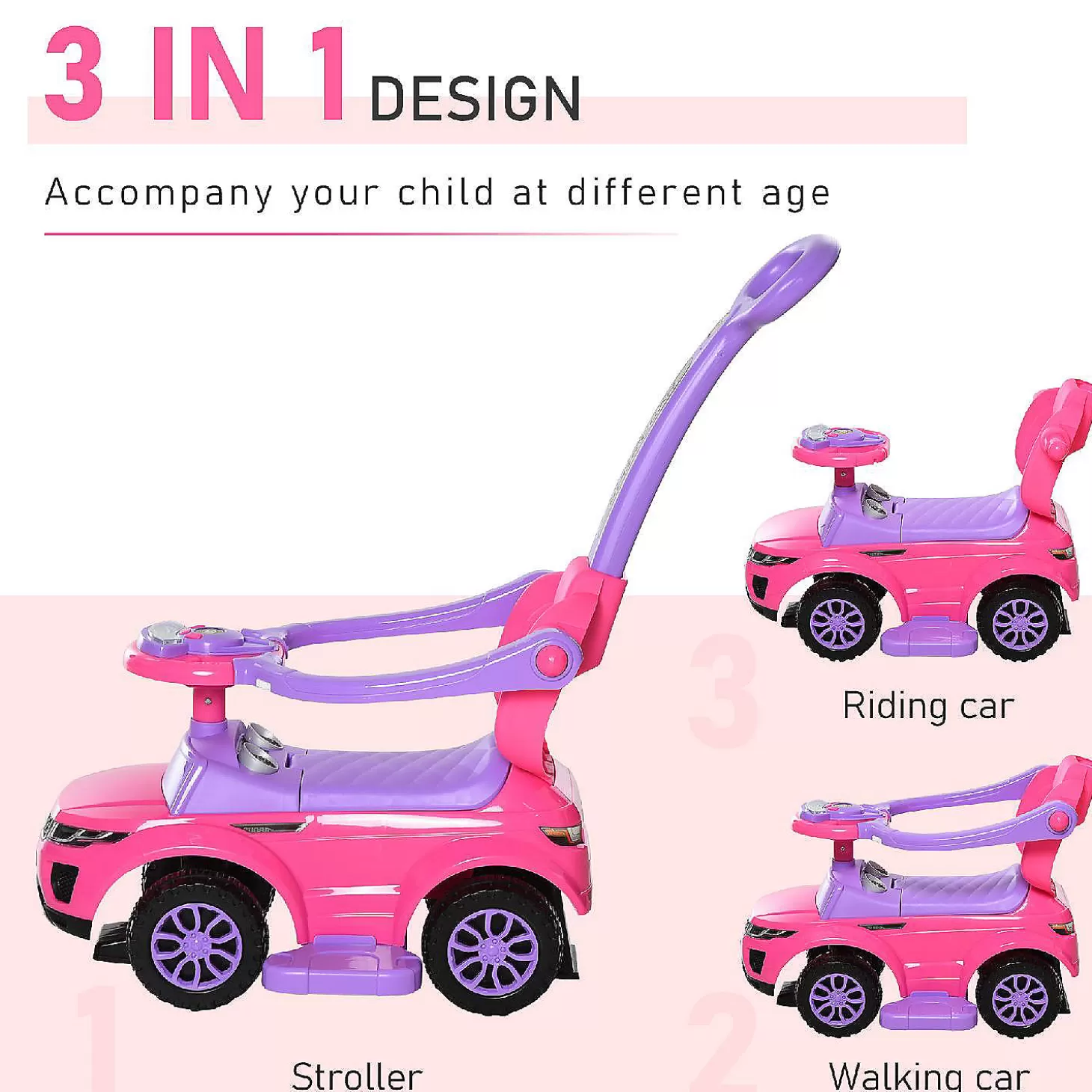 Clearance Aosom 3 In 1 Toddler Push Car W/Music Lights And Secure Bar 1-3Yr Pink Riding Toys