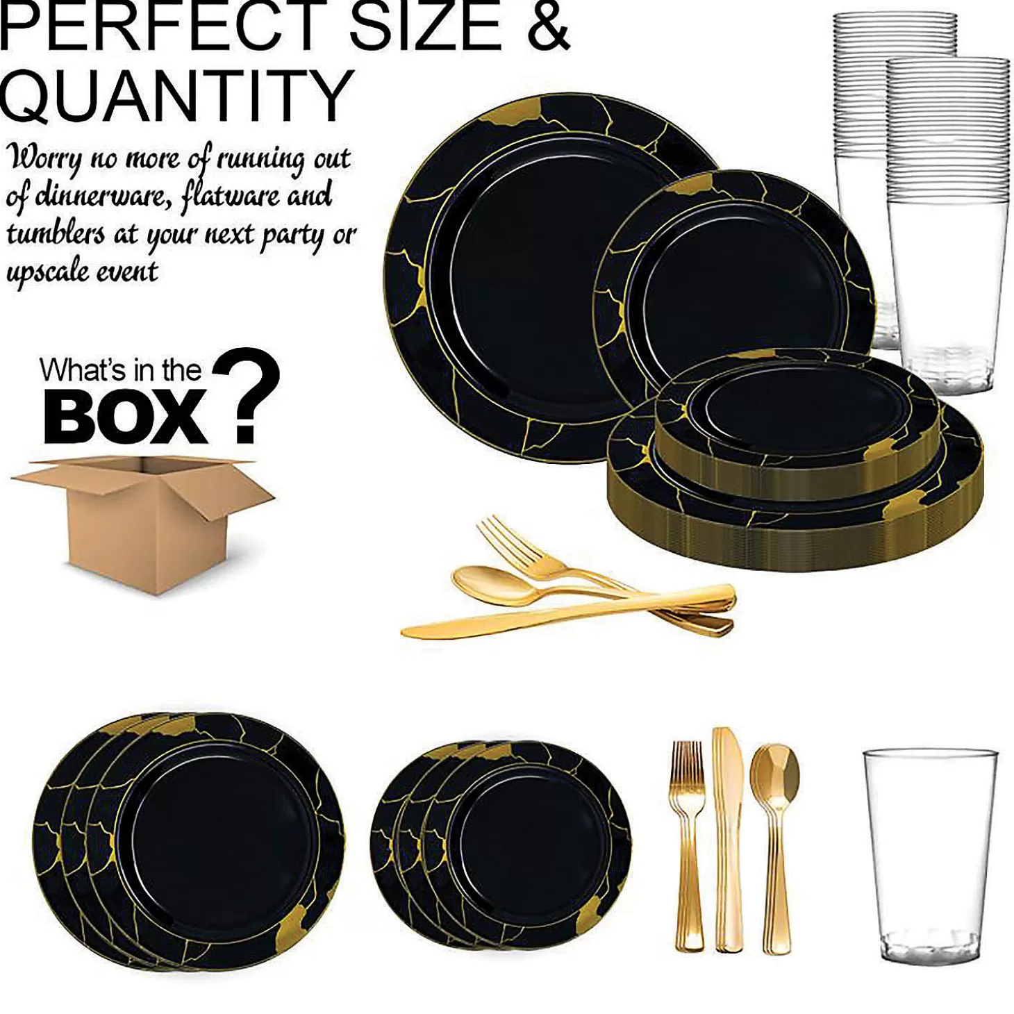 Store Black With Gold Marble Disposable Plastic Dinnerware Value Set (20 Settings) Bulk Halloween Supplies