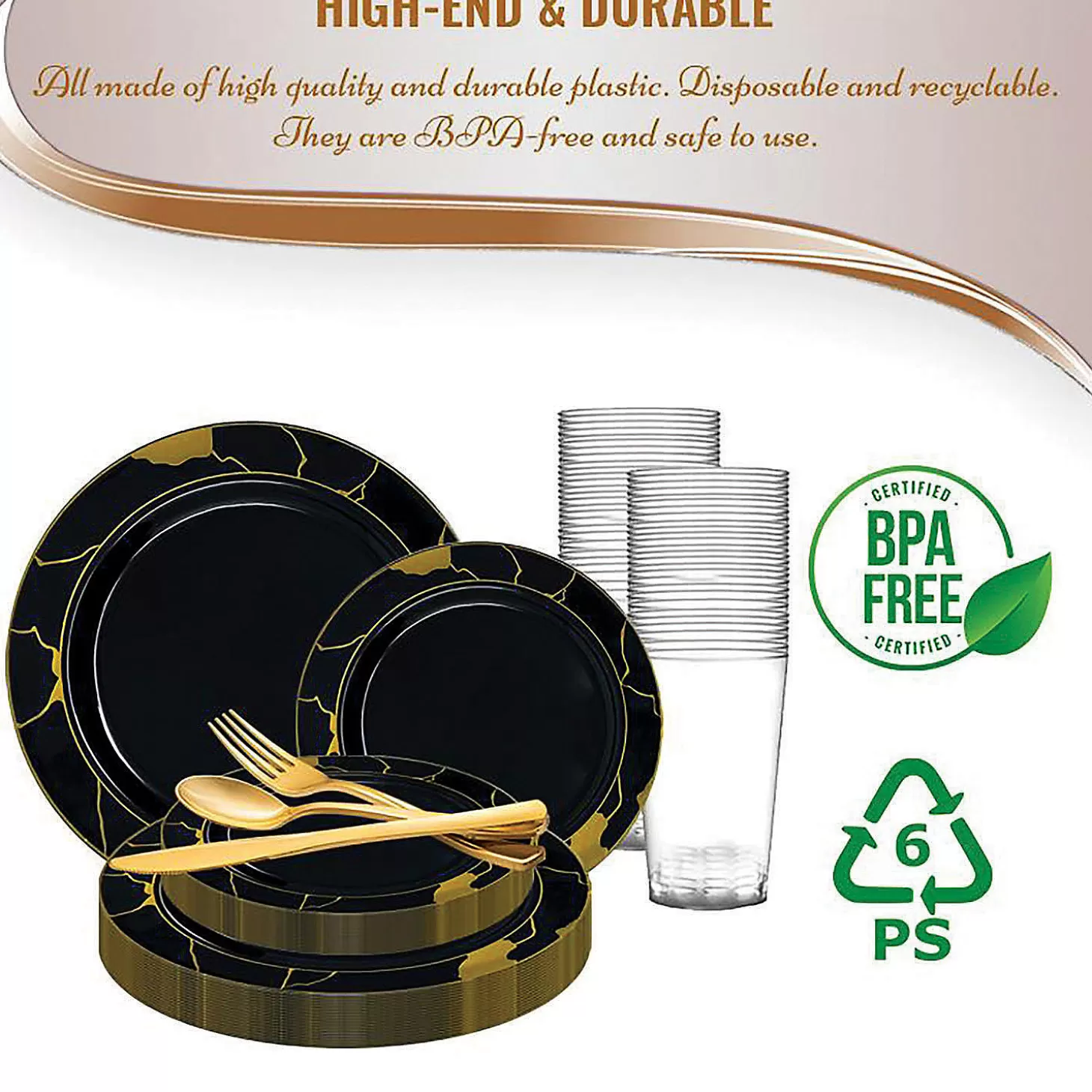 Store Black With Gold Marble Disposable Plastic Dinnerware Value Set (20 Settings) Bulk Halloween Supplies