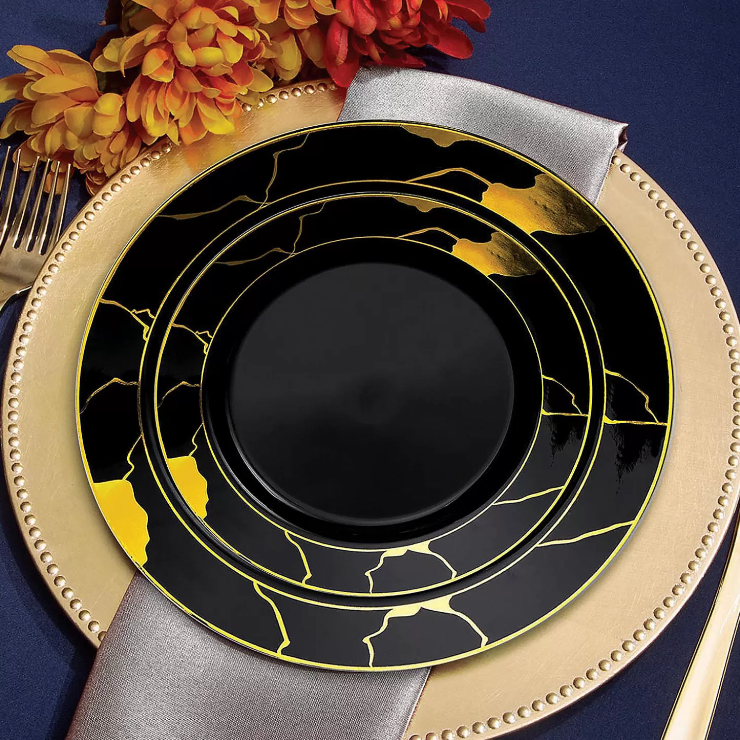Store Black With Gold Marble Disposable Plastic Dinnerware Value Set (20 Settings) Bulk Halloween Supplies