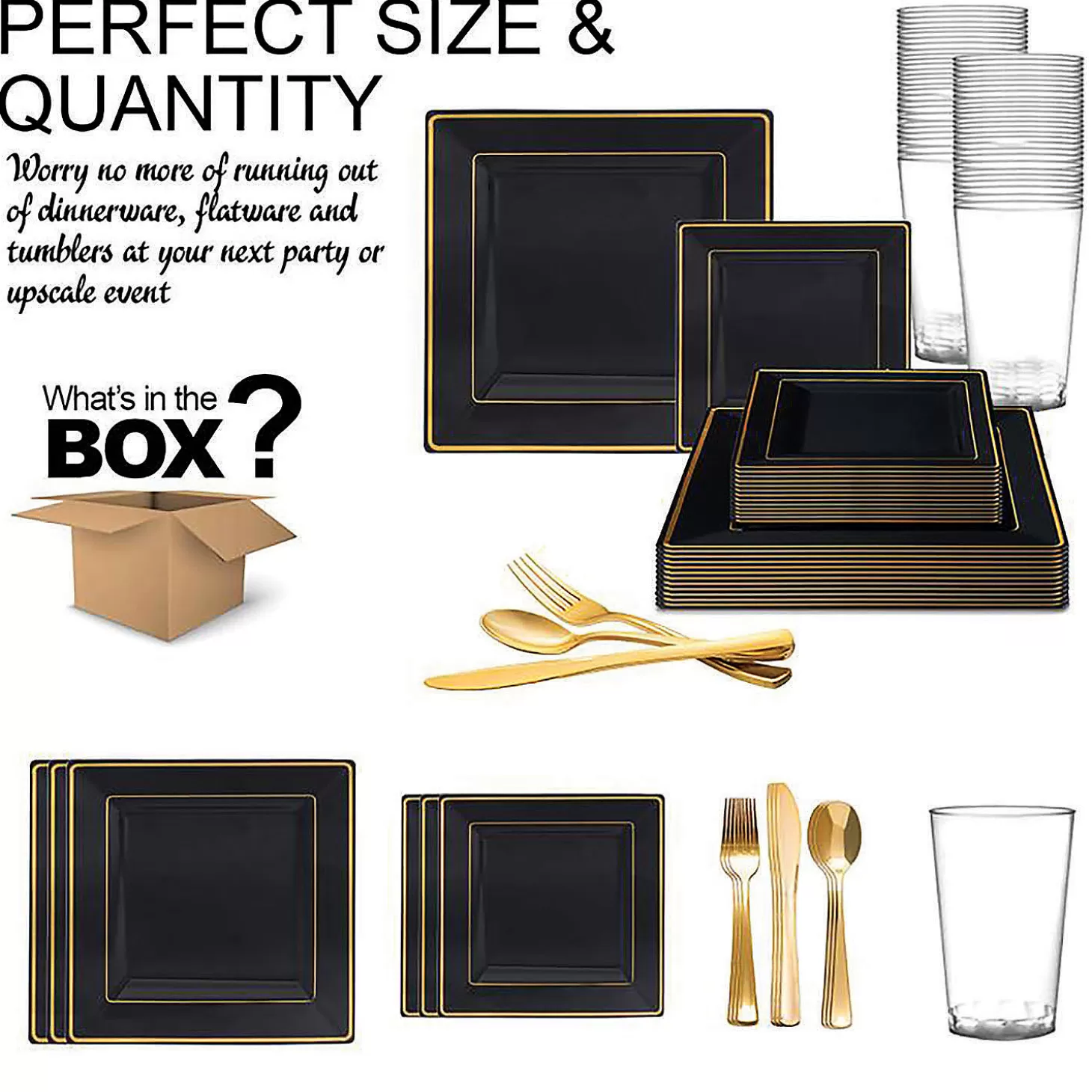 Shop Black With Gold Square Edge Rim Plastic Dinnerware Value Set (20 Settings) Bulk Halloween Supplies