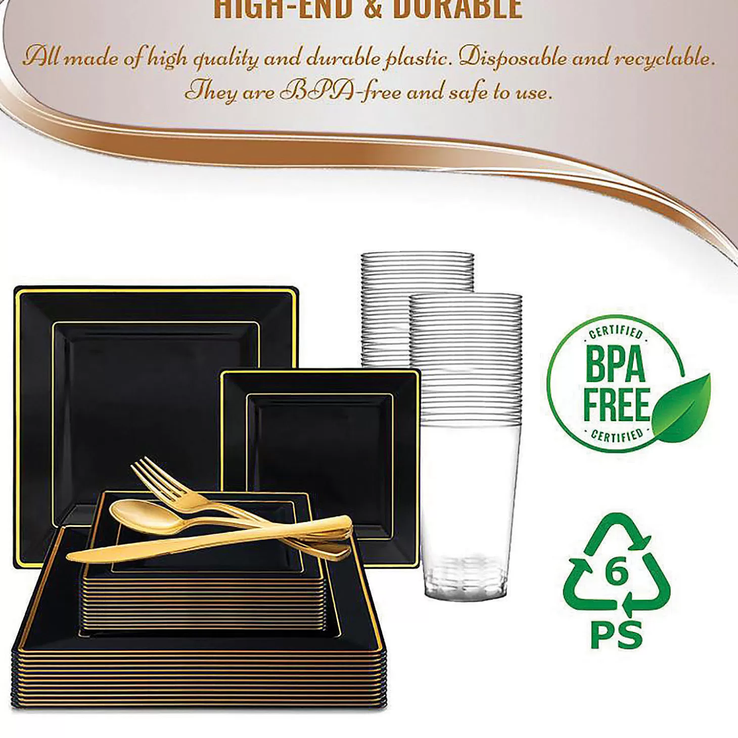 Shop Black With Gold Square Edge Rim Plastic Dinnerware Value Set (20 Settings) Bulk Halloween Supplies