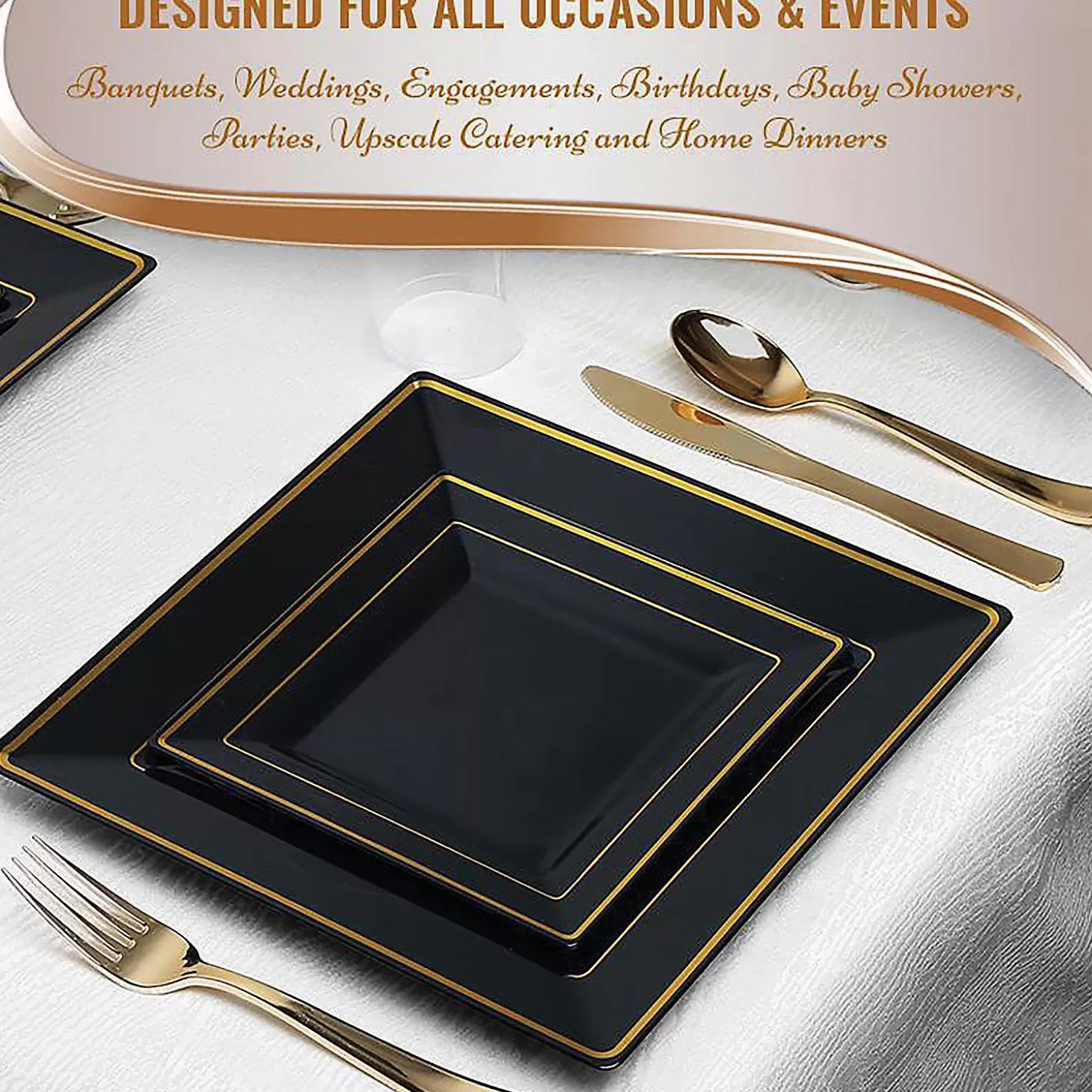 Shop Black With Gold Square Edge Rim Plastic Dinnerware Value Set (20 Settings) Bulk Halloween Supplies