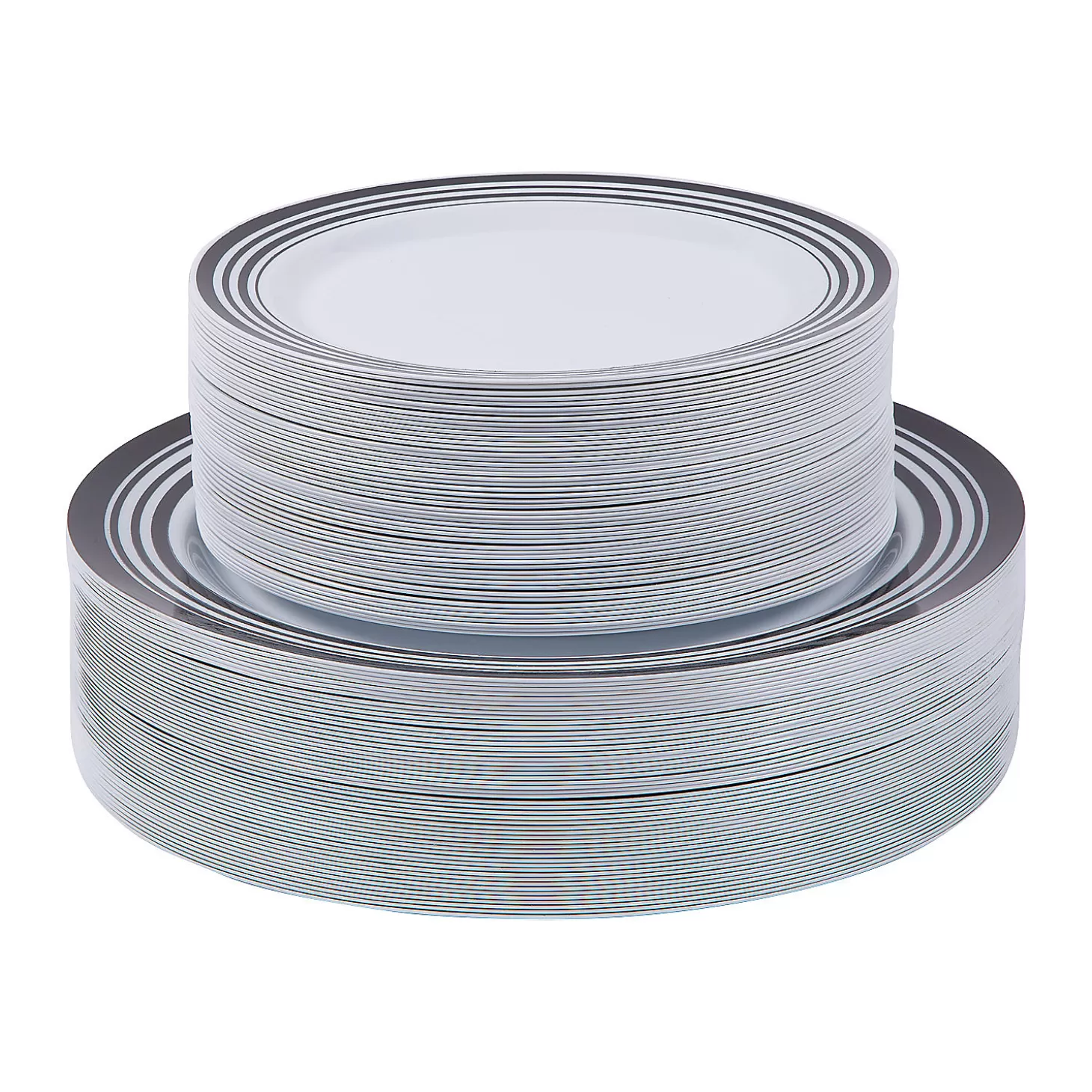 Hot Bulk Premium White Plastic Plates With Black & White Trim - 100 Ct. Bulk Halloween Supplies