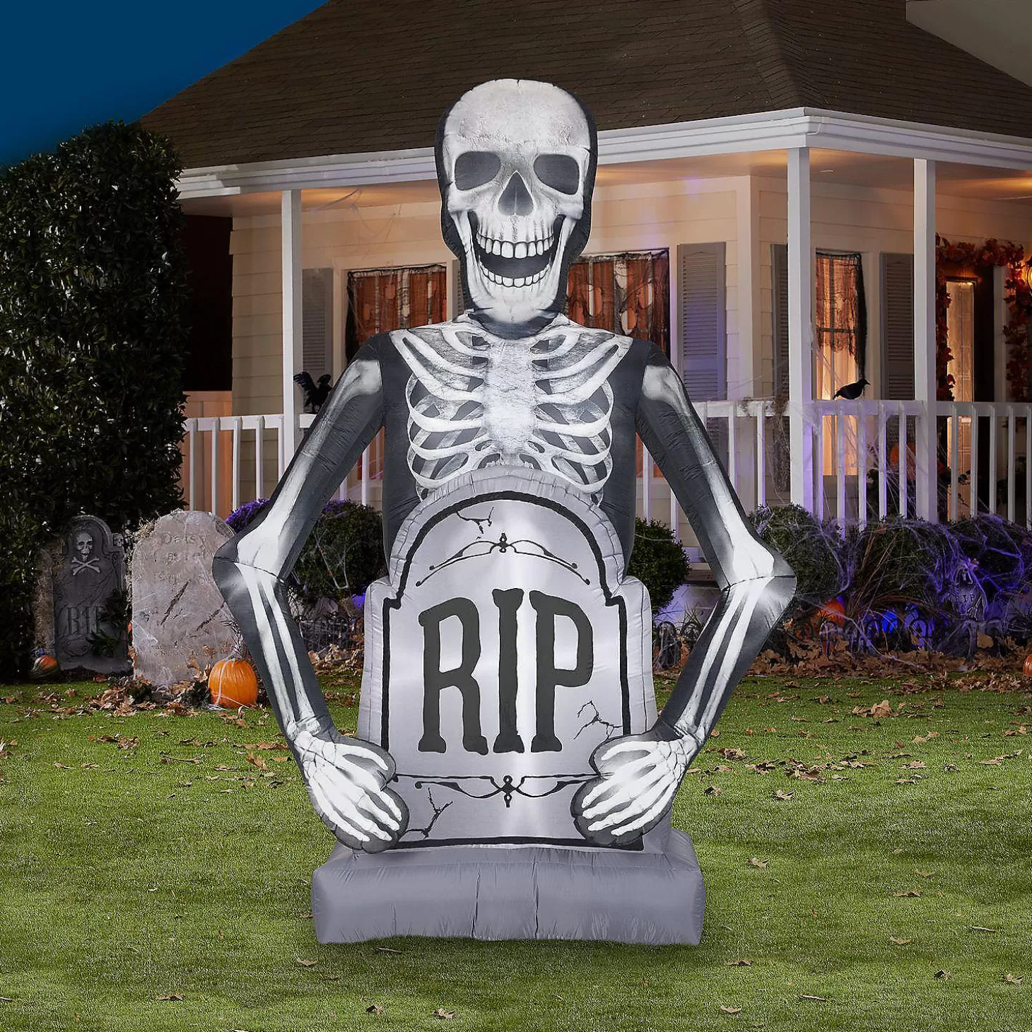 Fashion Gemmy Photorealistic Airblown Skeleton With Tombstone Giant 10 Ft Tall Multicolored Skulls & Skeletons