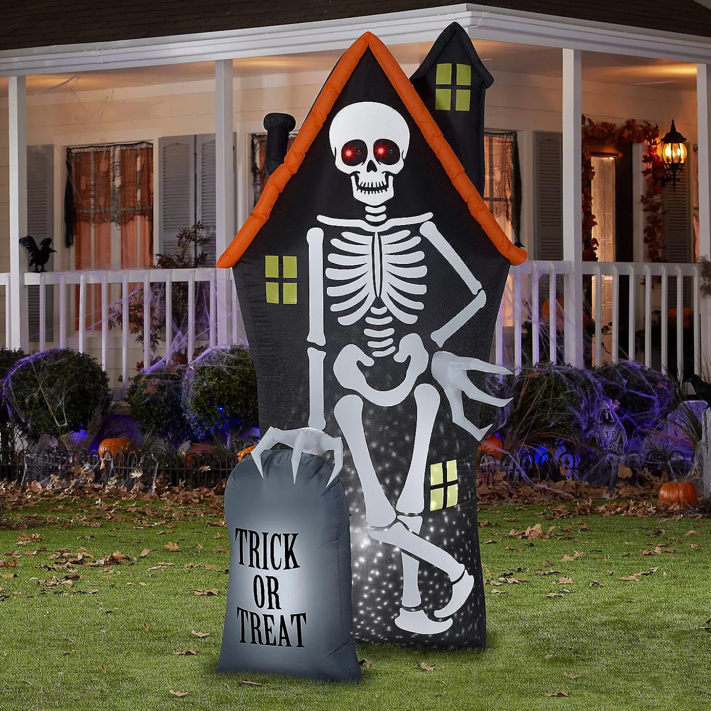 Sale Gemmy Projection Airblown Starspinner Skeleton And Haunted House Tombstone Scene (White) 8 Ft Tall Skulls & Skeletons