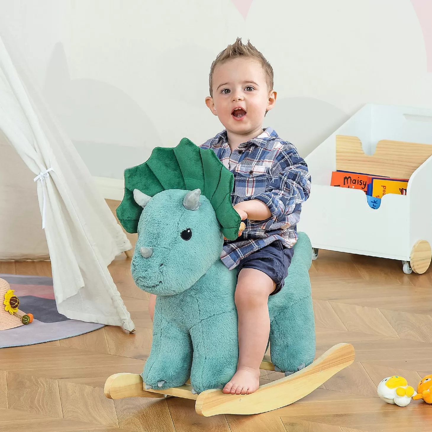 Cheap Qaba Kids Plush Ride On Rocking Horse Triceratops Shaped Plush Toy Rocker With Realistic Sounds For Child 36 72 Months Dark Green Riding Toys