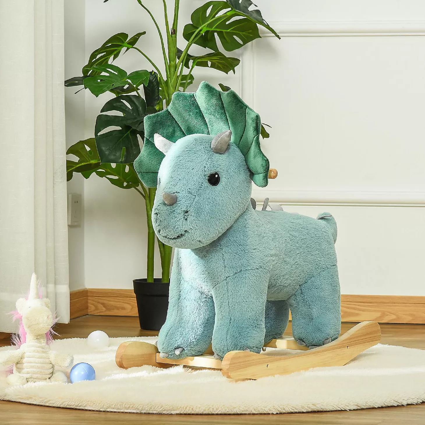 Cheap Qaba Kids Plush Ride On Rocking Horse Triceratops Shaped Plush Toy Rocker With Realistic Sounds For Child 36 72 Months Dark Green Riding Toys